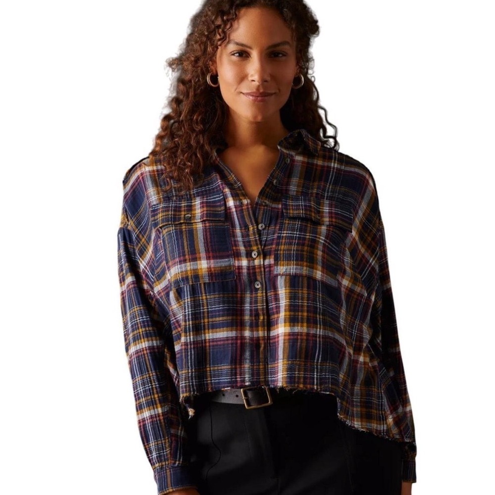 Pilcro Plaid Button Down Shirt Womens Small Multicolor Cropped Raw Hem Flannel